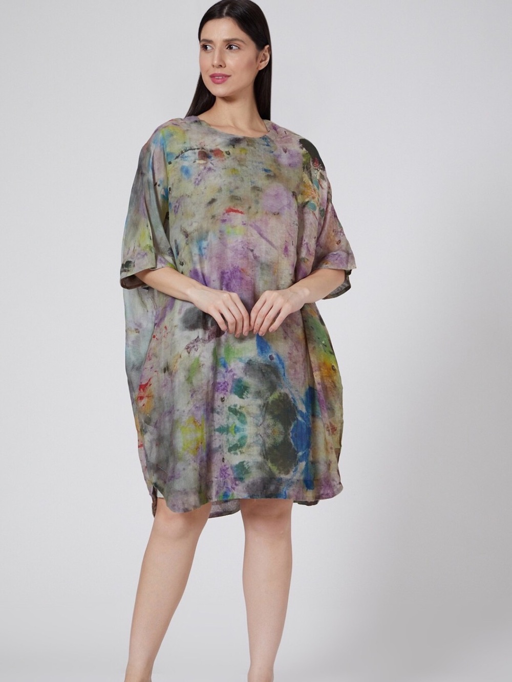 YAVI x V&A Cotton Silk Blend Abstract Painterly Cocoon Shift Dress M